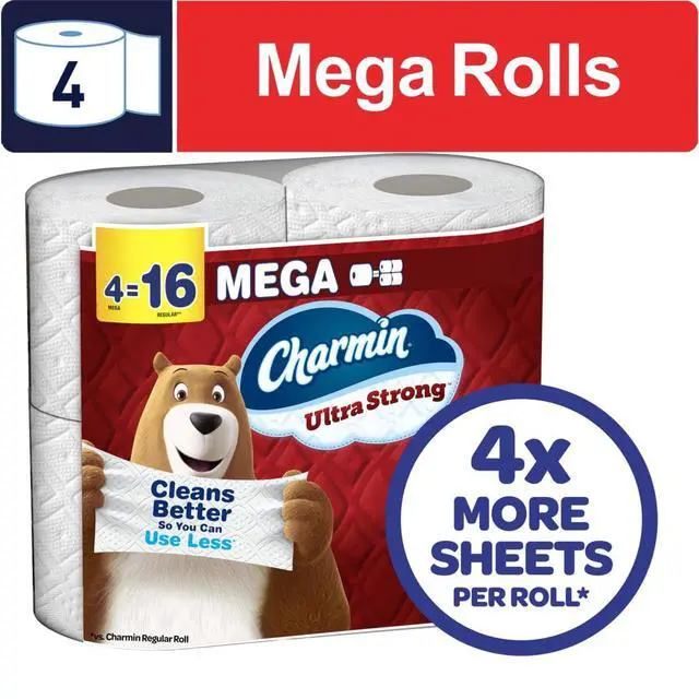 Alt view image 2 of 7 - Charmin Ultra Strong Bathroom Toilet Paper, 4 Mega Rolls, 220 Sheets per Roll, Absorbent Disposable Tissue for Home Daily Bathroom Use