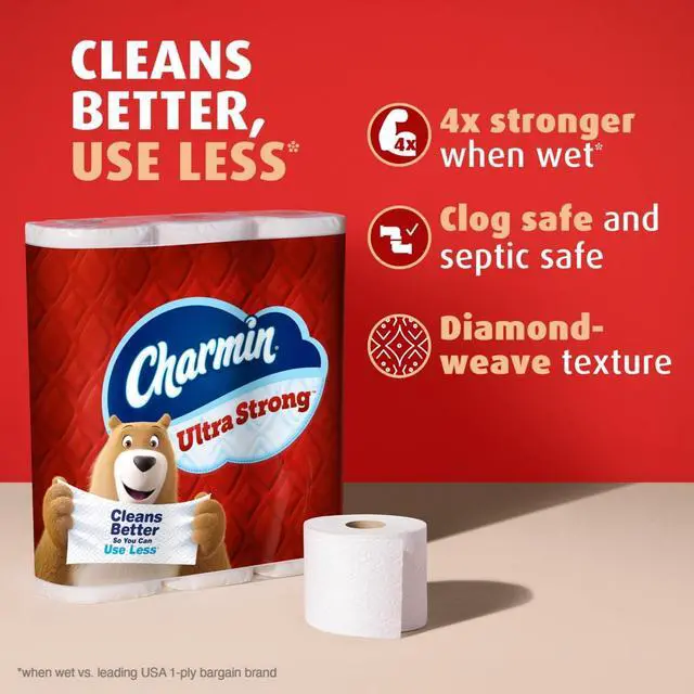 Alt view image 6 of 7 - Charmin Ultra Strong Bathroom Toilet Paper, 4 Mega Rolls, 220 Sheets per Roll, Absorbent Disposable Tissue for Home Daily Bathroom Use