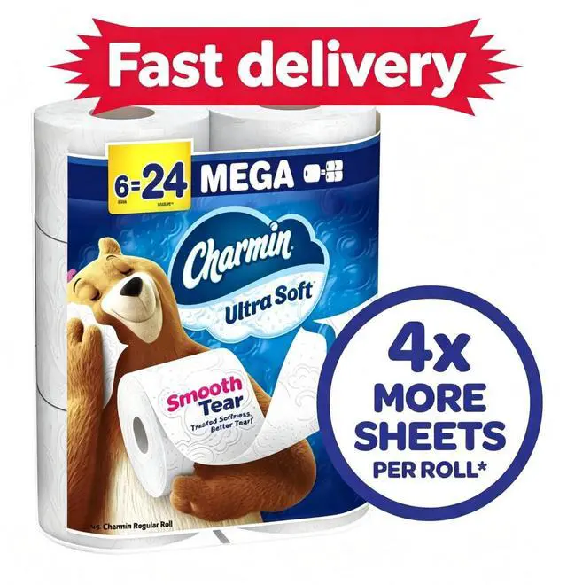 Main image of Charmin Ultra Soft Bathroom Toilet Paper, 6 Mega Rolls, 224 Sheets per Roll, Gentle Absorbent Disposable Tissue for Home Daily Bathroom Use
