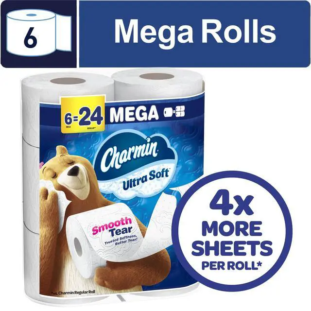 Alt view image 3 of 7 - Charmin Ultra Soft Bathroom Toilet Paper, 6 Mega Rolls, 224 Sheets per Roll, Gentle Absorbent Disposable Tissue for Home Daily Bathroom Use