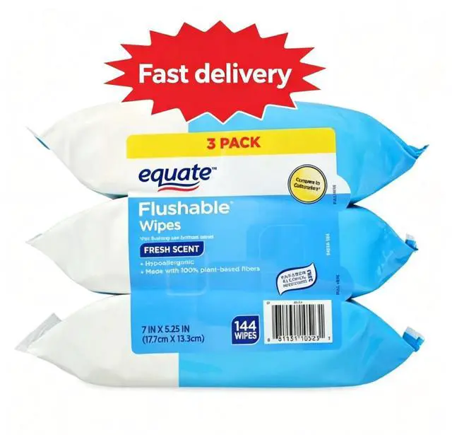 Main image of Equate Fresh Scent Flushable Wet Wipes, 3 Pack, 144 Total Wipes, Disposable Biodegradable Bathroom Cleansing Wipes for Daily Use