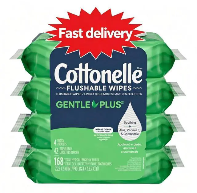 Main image of Cottonelle Gentle Plus Flushable Wet Wipes, 4 FlipTop Packs, Gentle Disposable Bathroom Cleansing Wipes for Daily Personal Care