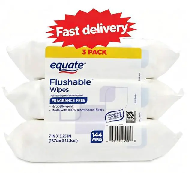Main image of FragranceFree Flushable Wet Wipes, 3 Pack, 144 Total Wipes, Hypoallergenic Disposable Bathroom Wipes for Sensitive Skin Daily Use