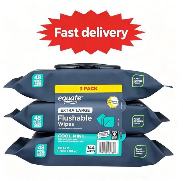 Main image of Extra Large Cool Mint Scent Flushable Wet Wipes, 3 Pack, 144 Total Wipes, Refreshing Disposable Bathroom Wipes for Daily Personal Cleansing