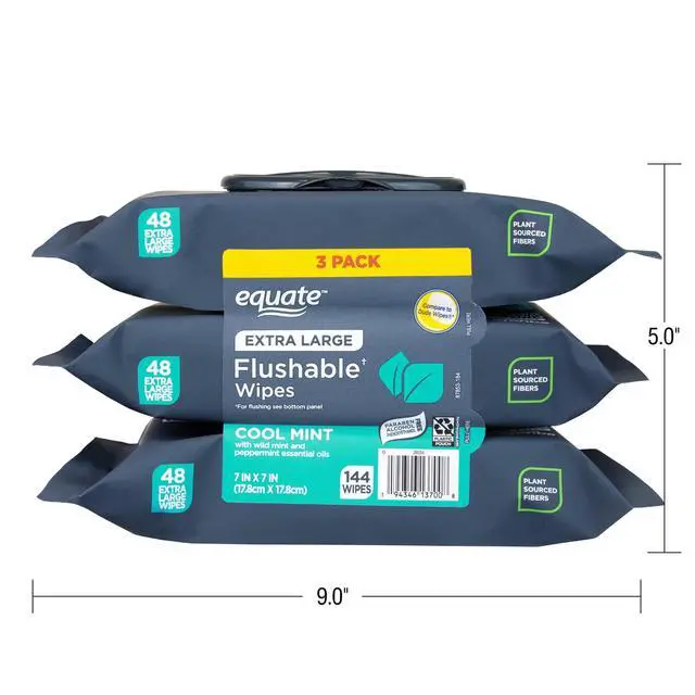 Alt view image 6 of 6 - Extra Large Cool Mint Scent Flushable Wet Wipes, 3 Pack, 144 Total Wipes, Refreshing Disposable Bathroom Wipes for Daily Personal Cleansing