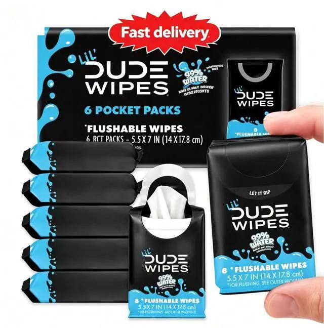 Main image of LiL' DUDE Pocket Packs Flushable Wipes, Extra Large Fragrance Free Wet Wipes, 8 Count, 6 Pack
