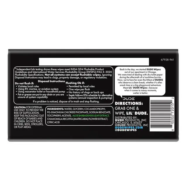 Alt view image 5 of 7 - LiL' DUDE Pocket Packs Flushable Wipes, Extra Large Fragrance Free Wet Wipes, 8 Count, 6 Pack