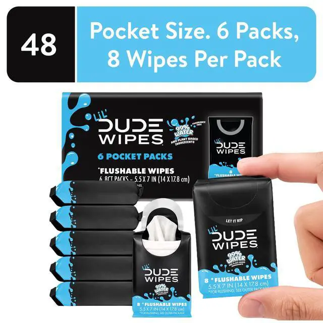 Alt view image 2 of 7 - LiL' DUDE Pocket Packs Flushable Wipes, Extra Large Fragrance Free Wet Wipes, 8 Count, 6 Pack