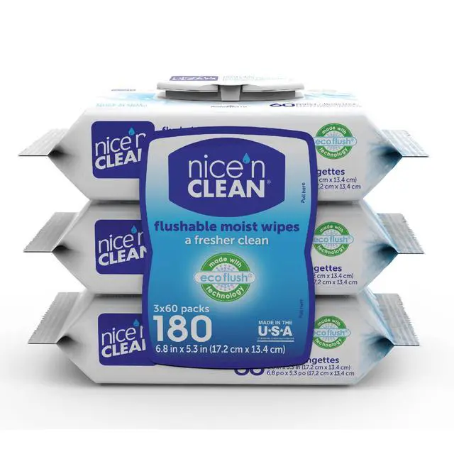 Alt view image 2 of 6 - Nice N Clean Plant-Based Flushable Wet Wipes, 3 Flip-Top Packs (180 Total Wipes)