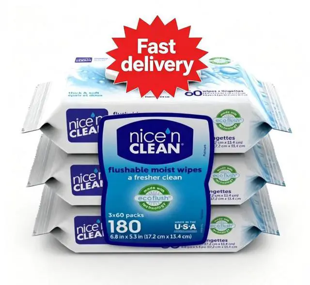 Main image of Nice N Clean Plant-Based Flushable Wet Wipes, 3 Flip-Top Packs (180 Total Wipes)