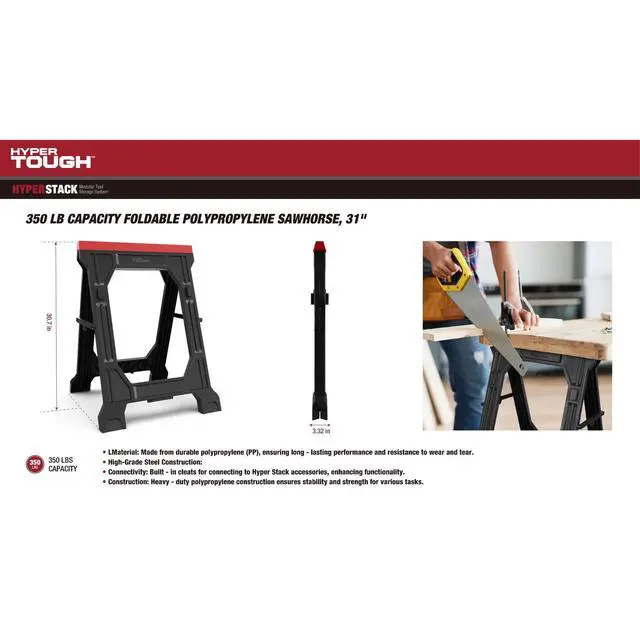 Alt view image 4 of 7 - Hyper Tough Hyper Stack 350 lb Capacity Foldable Polypropylene Sawhorse, 31"