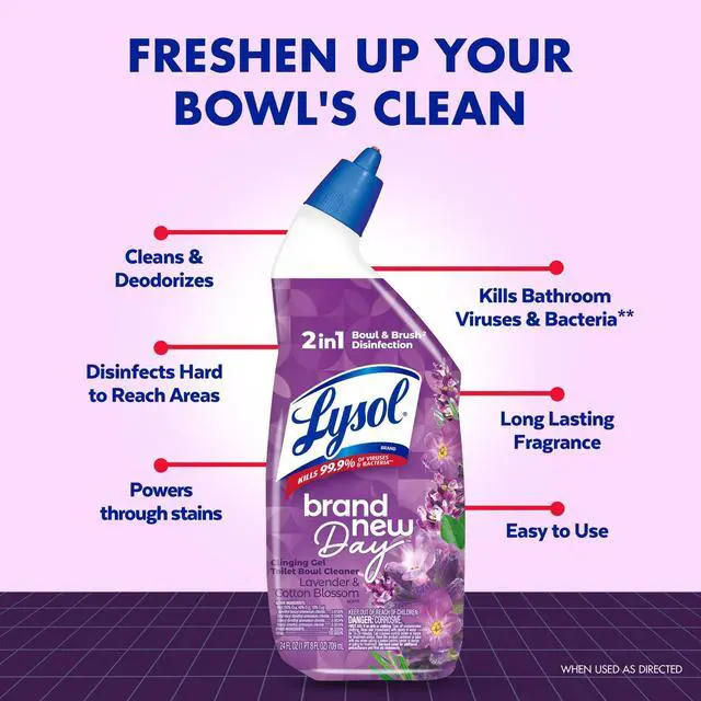 Alt view image 5 of 7 - Lysol Toilet Bowl Cleaner Clinging Gel, Disinfecting Bathroom Cleaner and Toilet Bowl Stain Remover, Lavender & Cotton Blossom Scent, 24 fl oz (2 Pack)