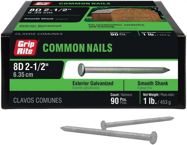 Alt view image 2 of 7 - Grip-Rite #10-1/4 x 2-1/2 In. 8-Penny Hot-Galvanized Steel Common Nails 1Lb.