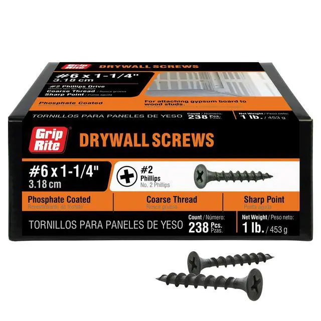 Alt view image 2 of 6 - Grip-Rite #6 x 1-1/4 in. Phillips Bugle-Head Coarse Thread Sharp Point Drywall to Wood Screw 1lb.