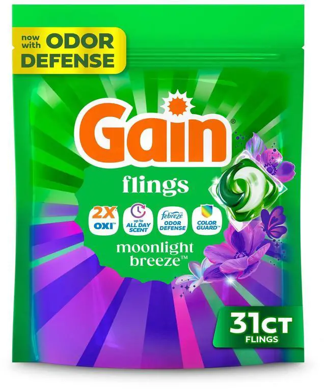 Main image of Gain Flings Laundry Detergent Soap Pacs, 4-in-1 Oxi Boost and Febreze, Moonlight Breeze Scent, 31 Count