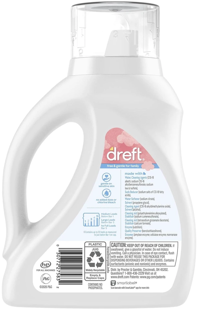 Alt view image 4 of 7 - Dreft Liquid Laundry Detergent for Family, Unscented Laundry Detergent, 42 fl oz, 32 Loads