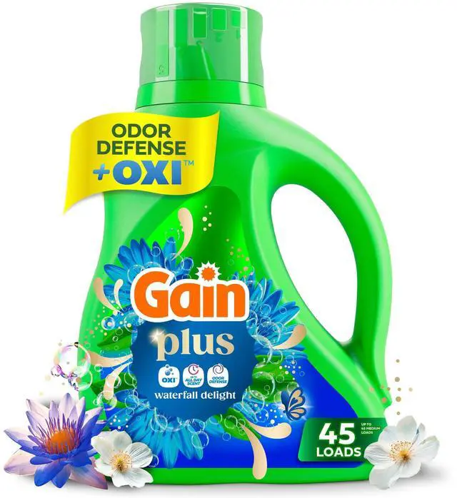 Main image of Gain Plus Laundry Detergent Liquid, Now with Odor Defense + OXI, Waterfall Delight Scent, 60 fl oz, 45 Loads