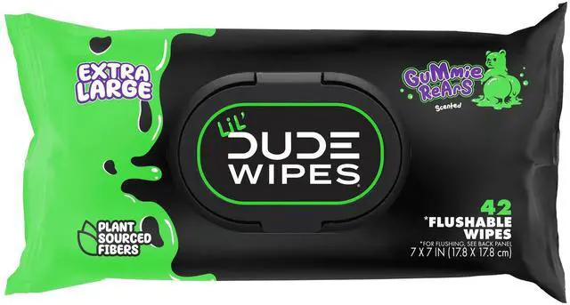Alt view image 3 of 6 - LiL' DUDE Flushable Wipes, Extra Large Gummie Rears Wet Wipes, Gummy Bear Scent, 42 Count, 3 Pack