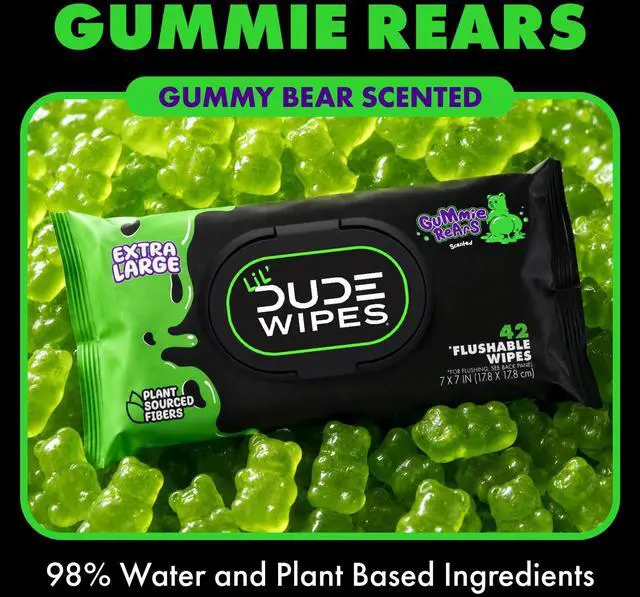 Alt view image 6 of 6 - LiL' DUDE Flushable Wipes, Extra Large Gummie Rears Wet Wipes, Gummy Bear Scent, 42 Count, 3 Pack