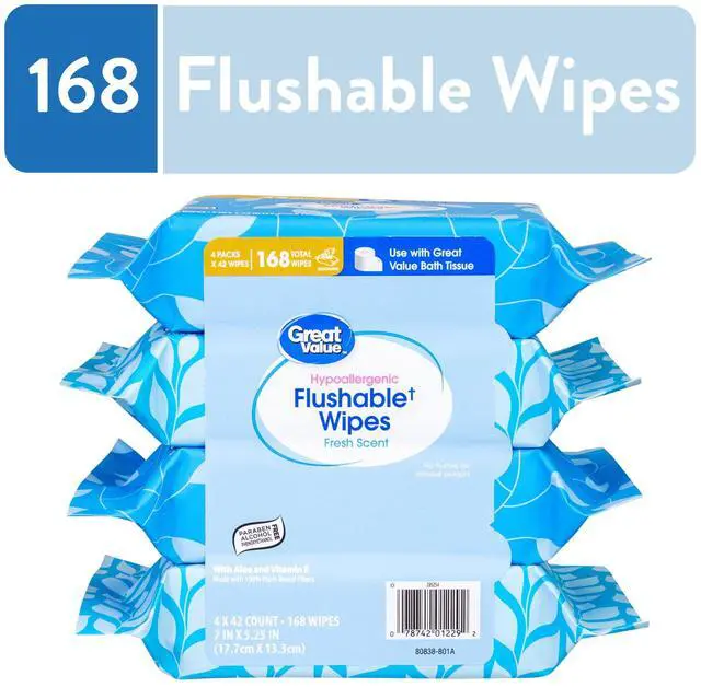 Main image of Great Value Flushable Wet Wipes, Fresh Scent, 4 Packs of 42 Wipes, 168 Total Wipes