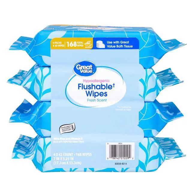 Alt view image 3 of 7 - Great Value Flushable Wet Wipes, Fresh Scent, 4 Packs of 42 Wipes, 168 Total Wipes