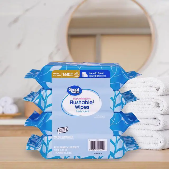 Alt view image 5 of 7 - Great Value Flushable Wet Wipes, Fresh Scent, 4 Packs of 42 Wipes, 168 Total Wipes