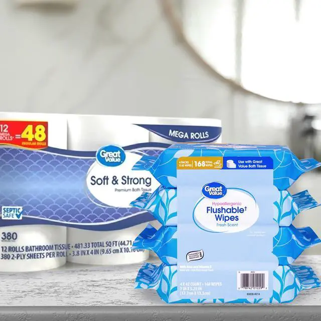 Alt view image 2 of 7 - Great Value Flushable Wet Wipes, Fresh Scent, 4 Packs of 42 Wipes, 168 Total Wipes