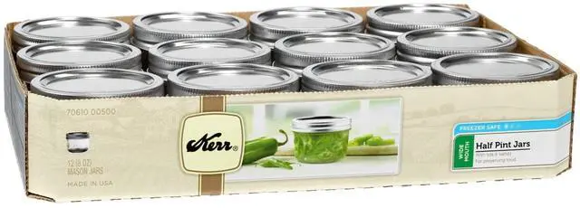 Main image of Kerr Canning Jars, Wide Mouth Half-Pint Mason Jars with Lids and Bands, 12 Count 8 oz