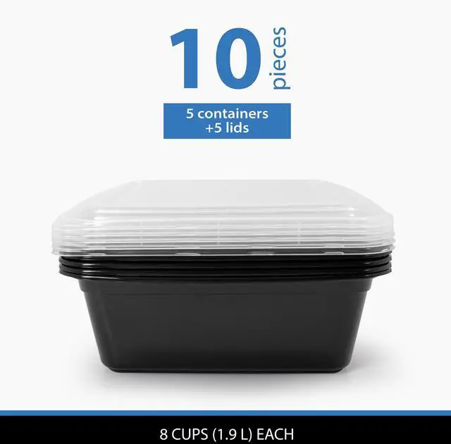 Main image of Mainstays 10-Piece (5 Containers + 5 Lids) 8-Cup Tall Square Meal Prep, BPA-Free, Microwave & Dishwasher Safe