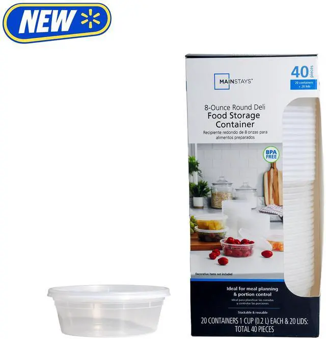 Main image of Mainstays 40-Piece 8 oz Plastic Deli Container Set, 20 Containers and 20 Lids