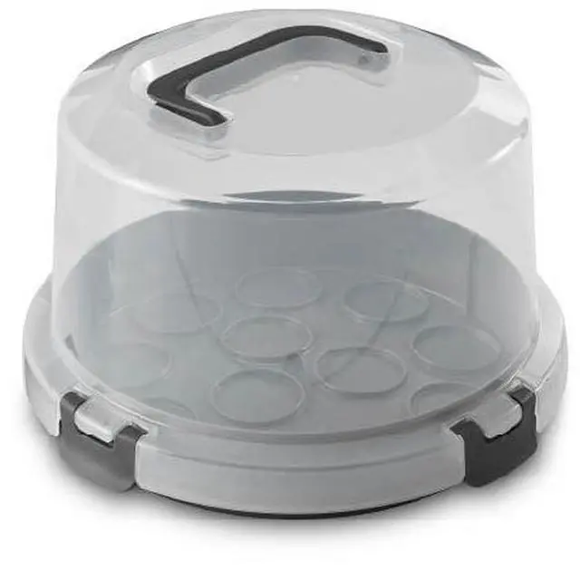Main image of Mainstays Cake & Cupcake Carrier with Flippable Base, Lid, Handle and Clasps, Gray Plastic