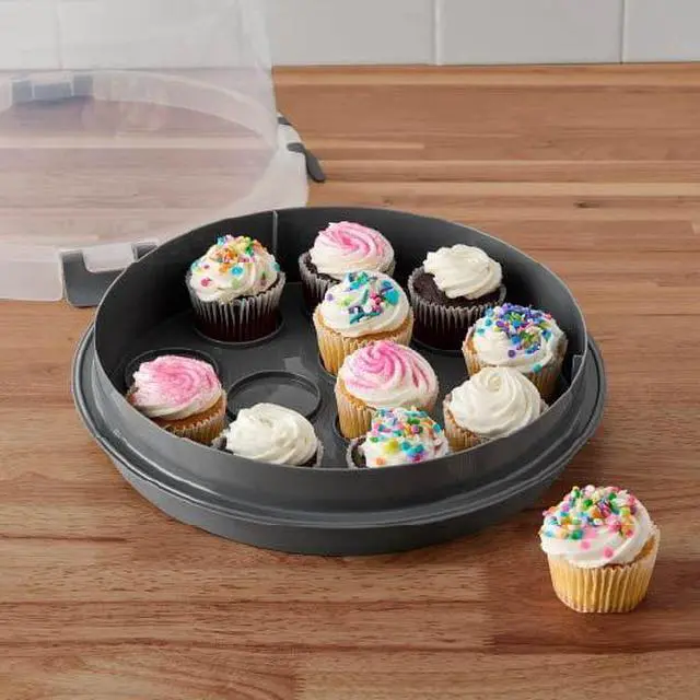 Alt view image 4 of 6 - Mainstays Cake & Cupcake Carrier with Flippable Base, Lid, Handle and Clasps, Gray Plastic