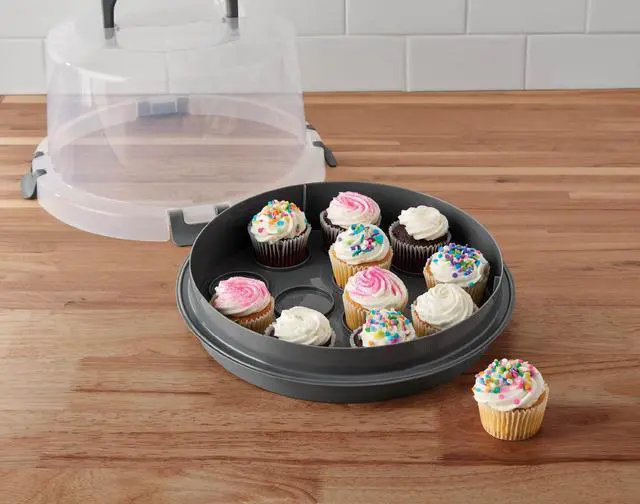 Alt view image 6 of 6 - Mainstays Cake & Cupcake Carrier with Flippable Base, Lid, Handle and Clasps, Gray Plastic