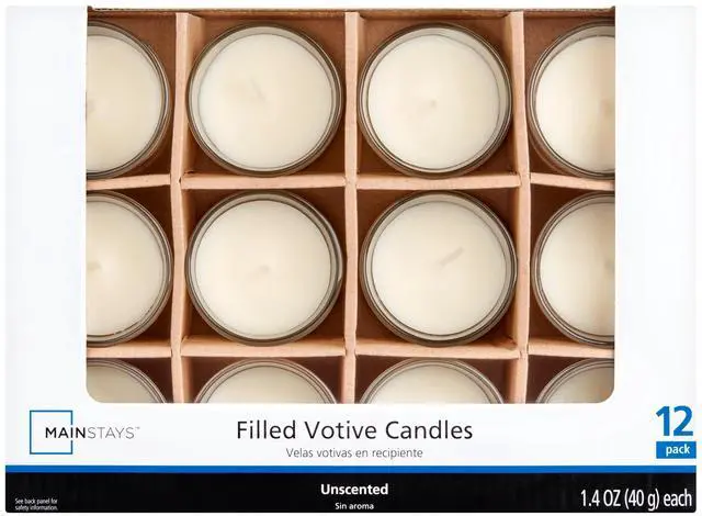 Main image of Mainstays Unscented Filled Votive Glass Candles, Ivory, 12-Pack