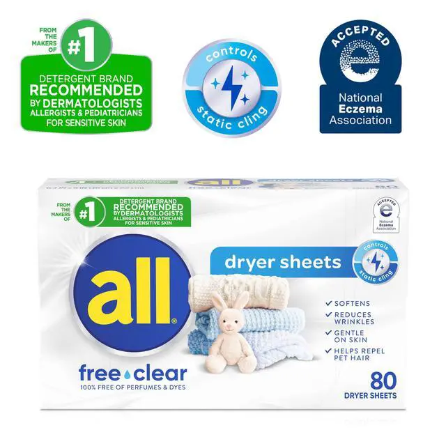 Alt view image 6 of 7 - (2 pack) all free clear Fabric Softening Dryer Sheets for Sensitive Skin, Controls Static, 80 Count