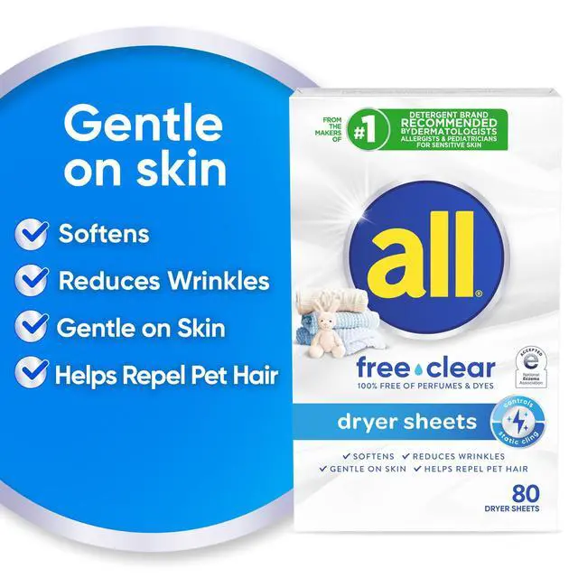 Alt view image 4 of 7 - (2 pack) all free clear Fabric Softening Dryer Sheets for Sensitive Skin, Controls Static, 80 Count