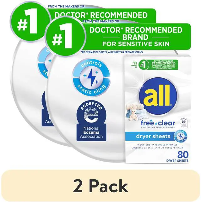 Main image of (2 pack) all free clear Fabric Softening Dryer Sheets for Sensitive Skin, Controls Static, 80 Count
