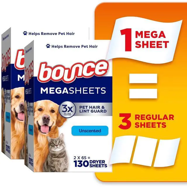 Main image of Bounce Dryer Sheets, Pet Hair and Lint Guard, Unscented, 130 Mega Dryer Sheets