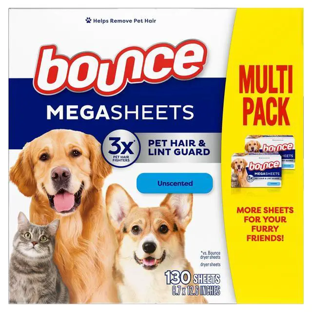 Alt view image 2 of 7 - Bounce Dryer Sheets, Pet Hair and Lint Guard, Unscented, 130 Mega Dryer Sheets