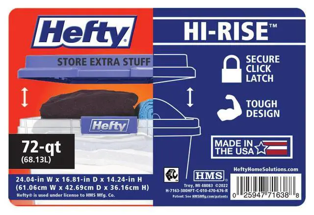 Alt view image 6 of 6 - Hefty HI-RISE 72 Quart Large Latching Storage Bin, Clear Plastic Storage Container with HI-RISE Latch Lid, Blue