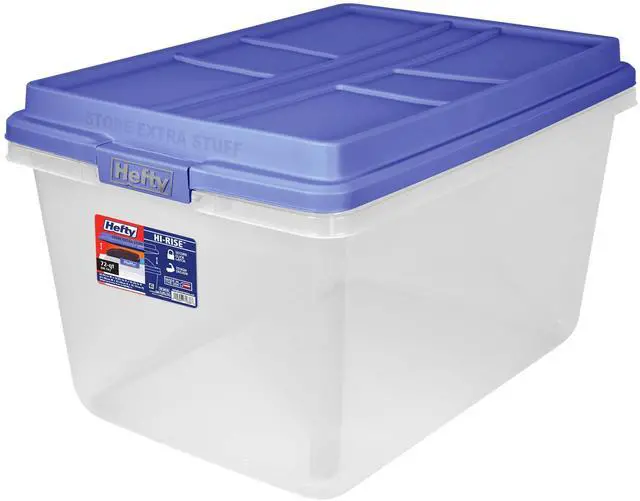 Main image of Hefty HI-RISE 72 Quart Large Latching Storage Bin, Clear Plastic Storage Container with HI-RISE Latch Lid, Blue
