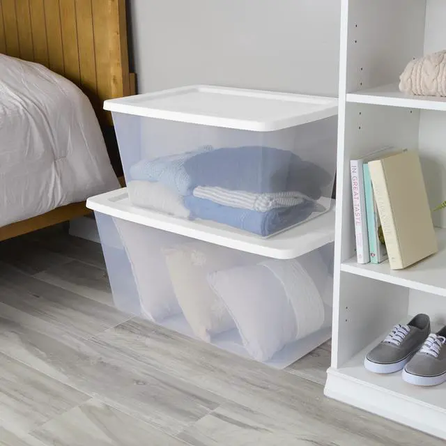 Alt view image 5 of 7 - Sterilite 90 Quart Large Storage Bin, Clear Plastic Storage Container with Snap-On Lid, White