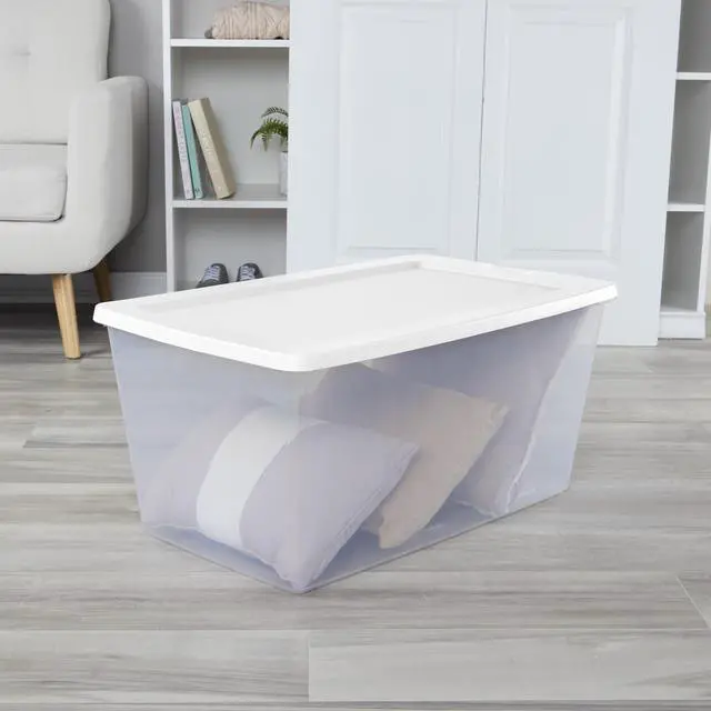 Alt view image 2 of 7 - Sterilite 90 Quart Large Storage Bin, Clear Plastic Storage Container with Snap-On Lid, White