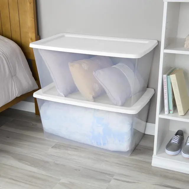 Alt view image 6 of 7 - Sterilite 90 Quart Large Storage Bin, Clear Plastic Storage Container with Snap-On Lid, White