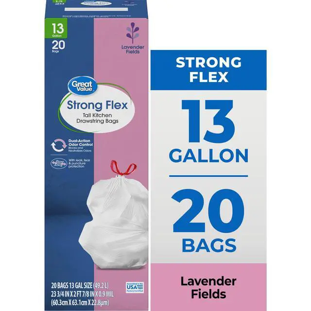 Alt view image 7 of 7 - Great Value Strong Flex 13-Gallon Drawstring Tall Kitchen Trash Bags, Lavender Fields Scent, 20 Bags