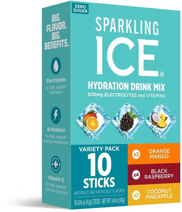 Main image of Sparkling Ice Powder Zero Sugar Drink Mix Variety Pack, Orange Mango, Black Raspberry & Coconut Pineapple, 10 Sticks