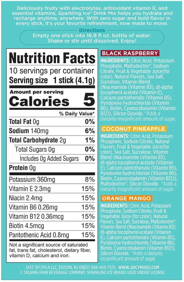 Alt view image 2 of 7 - Sparkling Ice Powder Zero Sugar Drink Mix Variety Pack, Orange Mango, Black Raspberry & Coconut Pineapple, 10 Sticks