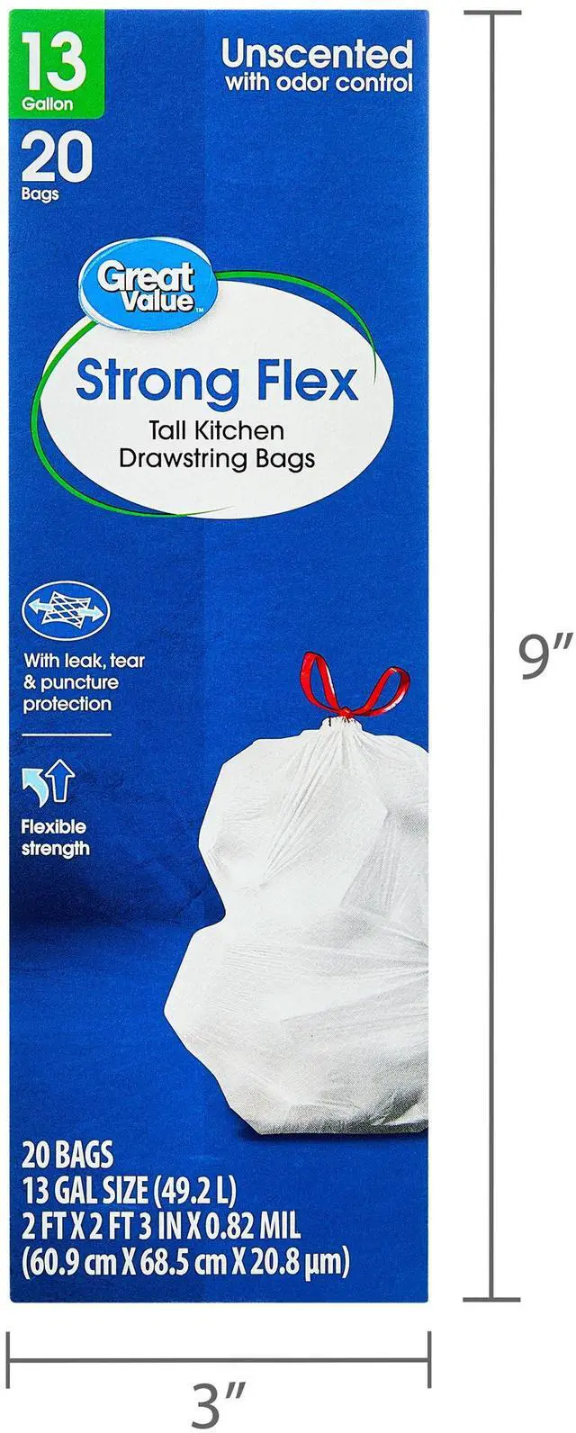 Alt view image 2 of 7 - Great Value 13 gal Strong Flex Tall Kitchen Drawstring Bags, Unscented, 20 Bags