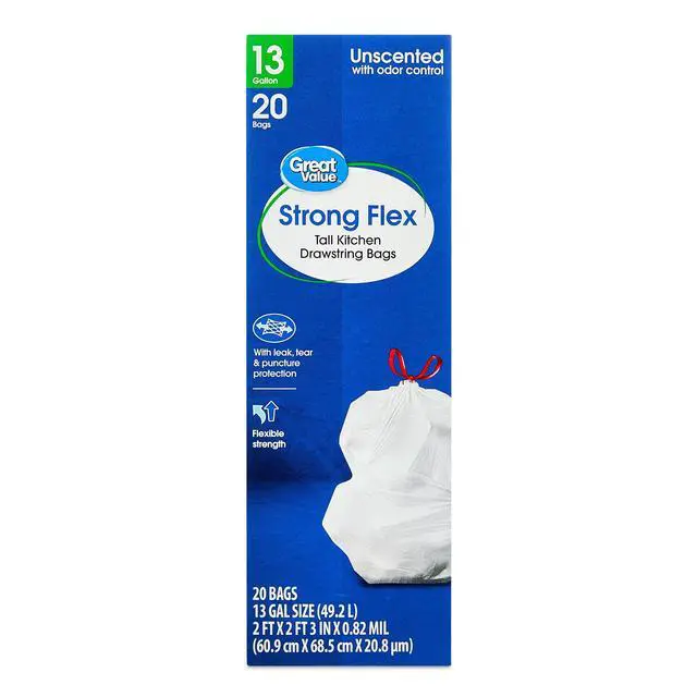 Alt view image 7 of 7 - Great Value 13 gal Strong Flex Tall Kitchen Drawstring Bags, Unscented, 20 Bags