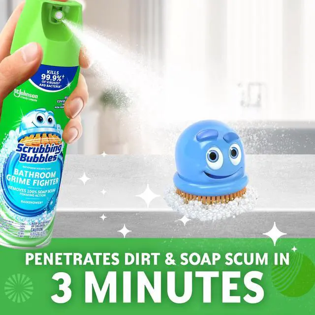 Alt view image 3 of 7 - Scrubbing Bubbles Disinfectant Bathroom Shower & Tub Cleaner Grime Fighter Aerosol Spray, Rainshower, 20 oz